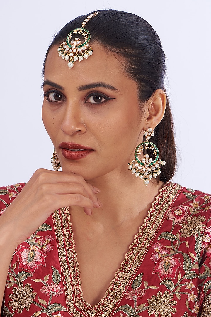 Gold Plated Multi-colored Emerald Stone & Kundan Polki Chandbali Earrings With Maang Tikka by Zevar By Geeta at Pernia's Pop Up Shop