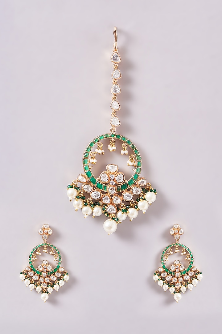 Gold Plated Multi-colored Emerald Stone & Kundan Polki Chandbali Earrings With Maang Tikka by Zevar By Geeta at Pernia's Pop Up Shop