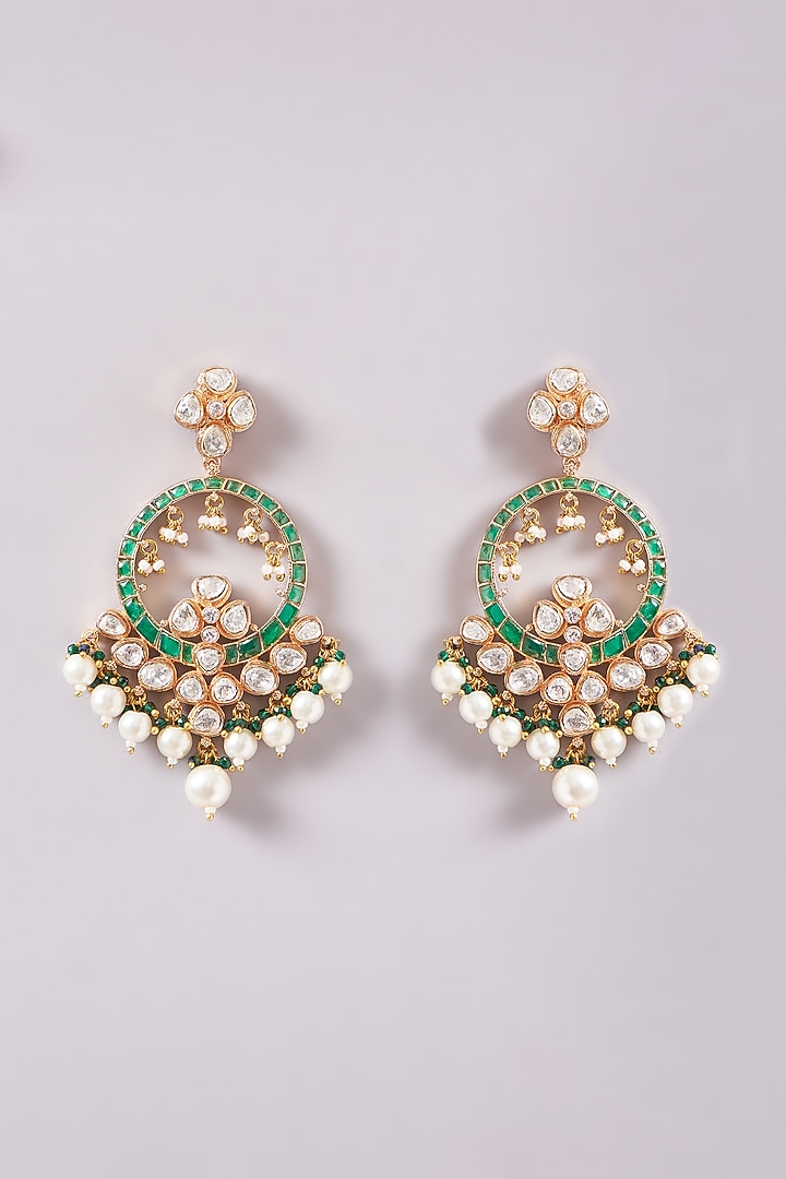 Gold Plated Multi-colored Emerald Stone & Kundan Polki Chandbali Earrings With Maang Tikka by Zevar By Geeta at Pernia's Pop Up Shop