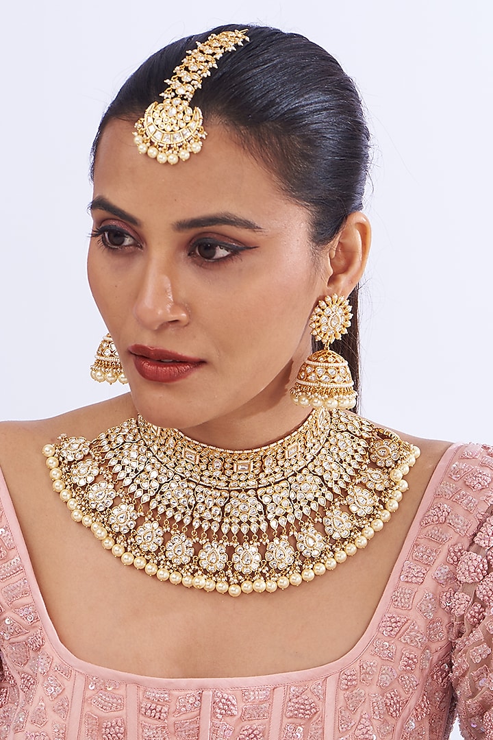 Gold Finish Kundan Polki & Pearl Drop Necklace Set by Zevar By Geeta at Pernia's Pop Up Shop