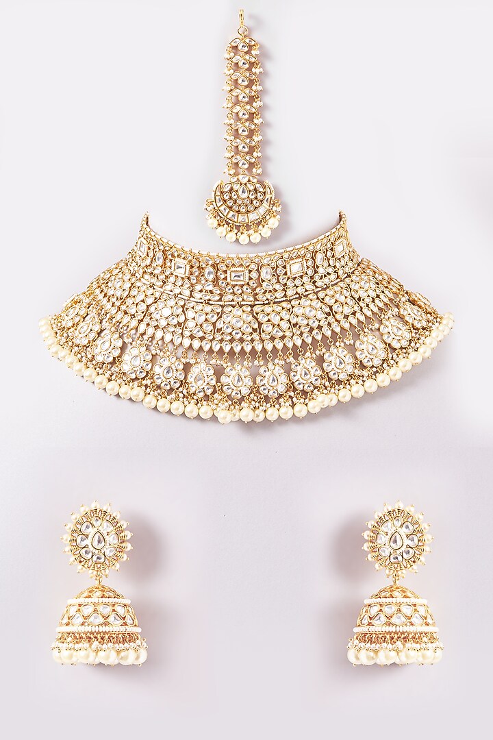 Gold Finish Kundan Polki & Pearl Drop Necklace Set by Zevar By Geeta at Pernia's Pop Up Shop