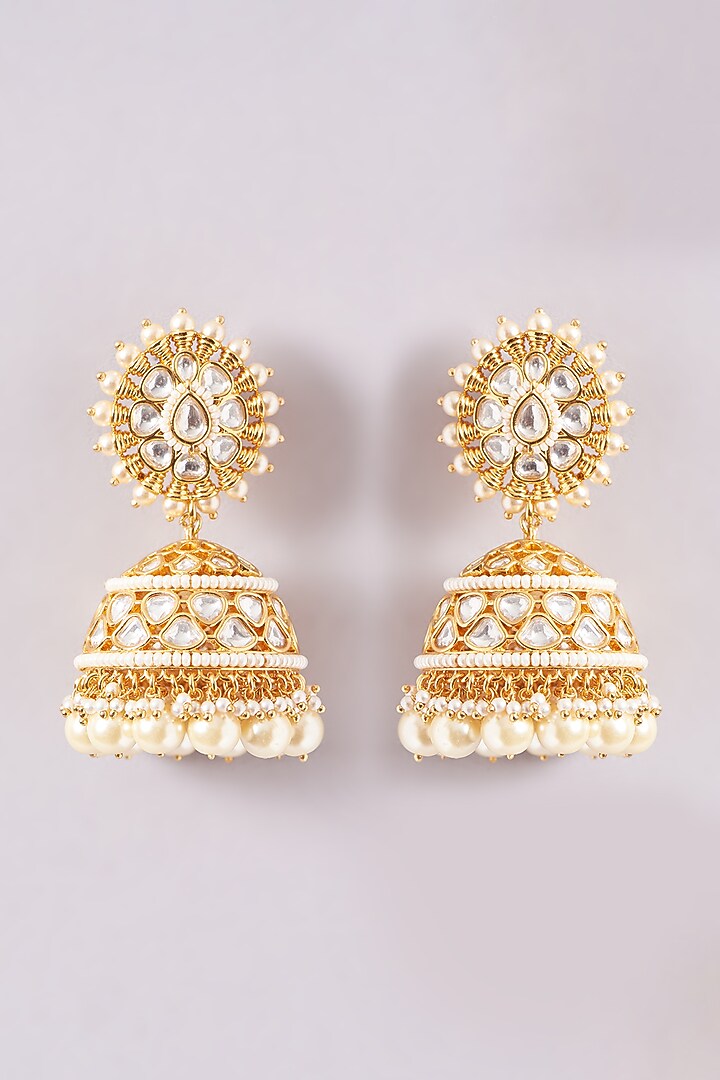 Gold Finish Kundan Polki & Pearl Drop Necklace Set by Zevar By Geeta at Pernia's Pop Up Shop