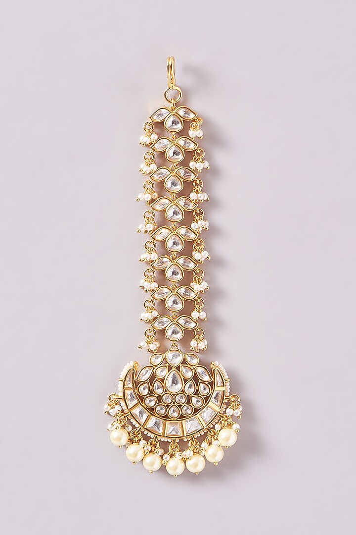 Gold Finish Kundan Polki & Pearl Drop Necklace Set by Zevar By Geeta at Pernia's Pop Up Shop