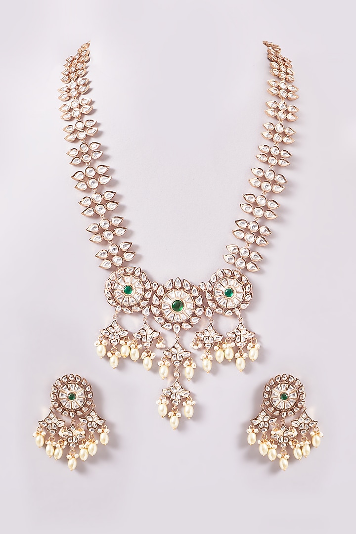 Gold Plated Kundan Polki & Pearl Long Necklace Set by Zevar By Geeta at Pernia's Pop Up Shop