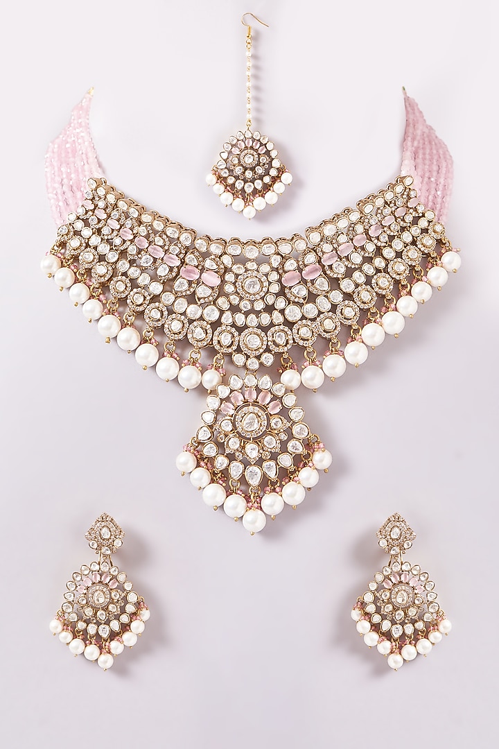Black Rhodium Finish Kundan Polki & Pink Pearl Necklace Set by Zevar By Geeta at Pernia's Pop Up Shop