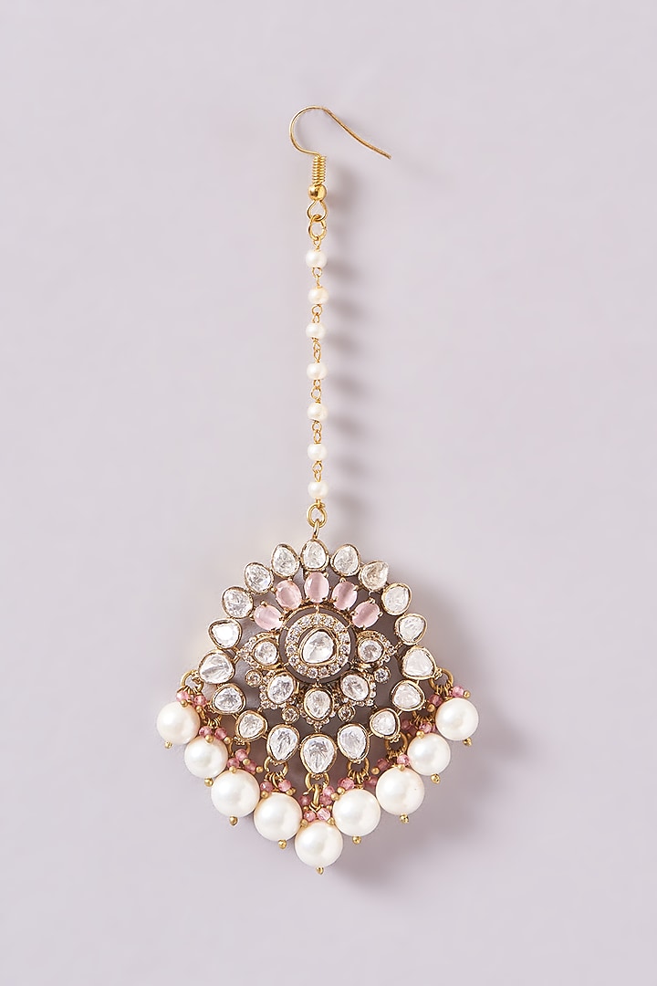 Black Rhodium Finish Kundan Polki & Pink Pearl Necklace Set by Zevar By Geeta at Pernia's Pop Up Shop
