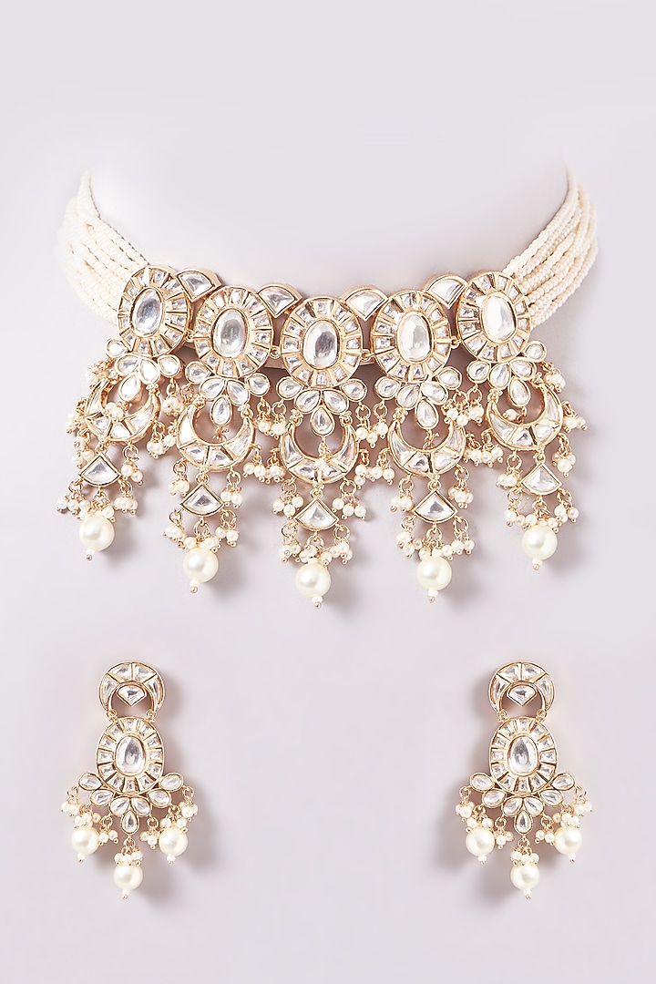 Gold Plated Kundan Polki & Pearl Choker Necklace Set by Zevar By Geeta at Pernia's Pop Up Shop