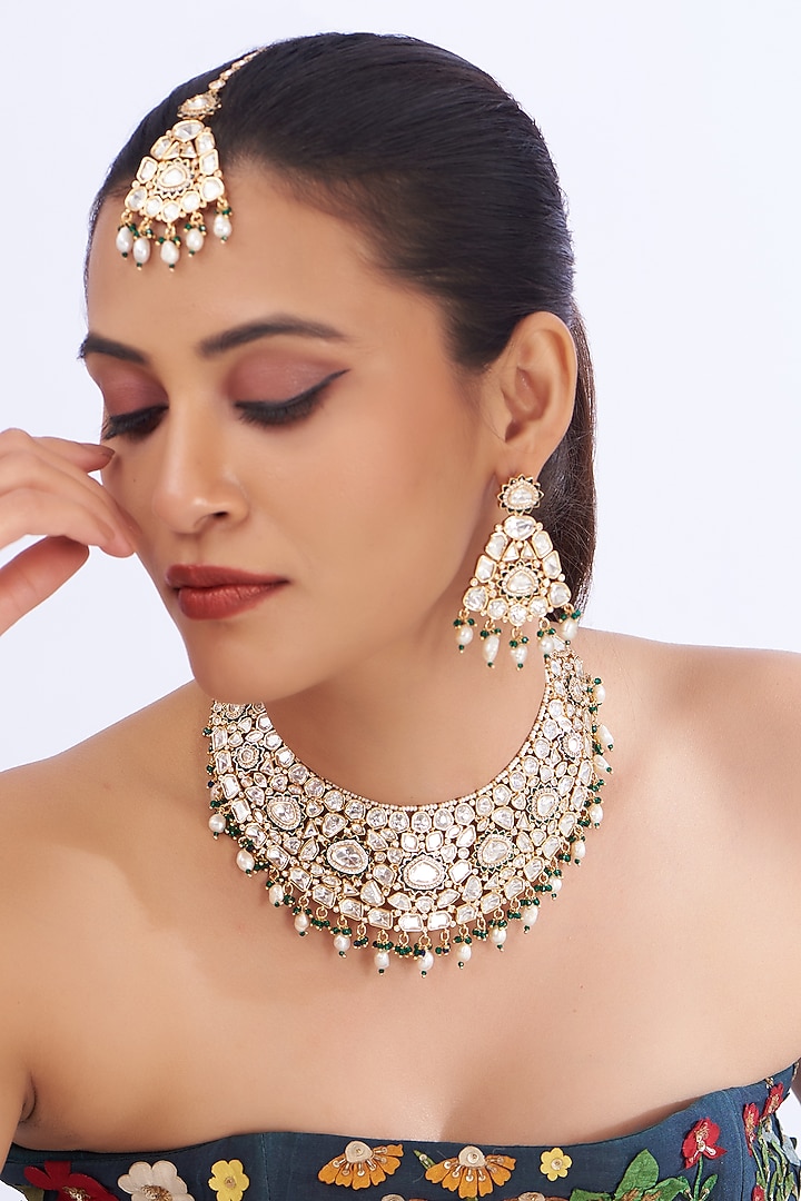 Gold Finish Kundan Polki Necklace Set by Zevar By Geeta at Pernia's Pop Up Shop