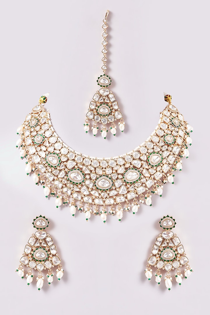 Gold Finish Kundan Polki Necklace Set by Zevar By Geeta at Pernia's Pop Up Shop