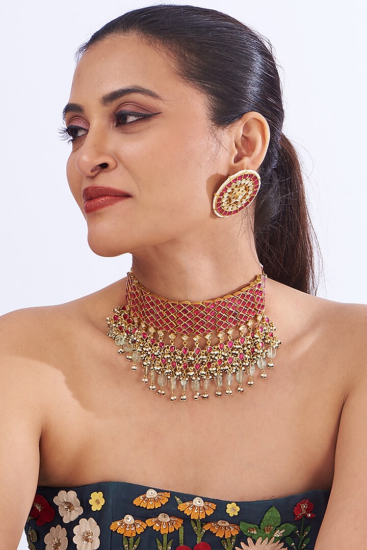 Gold Finish Red Kundan Polki & Pearl Choker Necklace Set by Zevar By Geeta at Pernia's Pop Up Shop