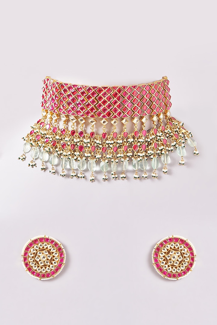 Gold Finish Red Kundan Polki & Pearl Choker Necklace Set by Zevar By Geeta at Pernia's Pop Up Shop