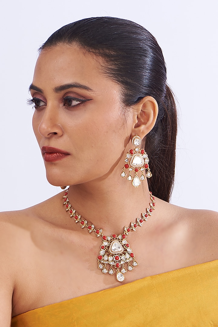Gold Finish Red Kundan Polki & Coral Stone Necklace Set by Zevar By Geeta at Pernia's Pop Up Shop
