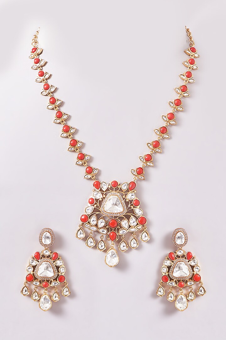 Gold Finish Red Kundan Polki & Coral Stone Necklace Set by Zevar By Geeta at Pernia's Pop Up Shop