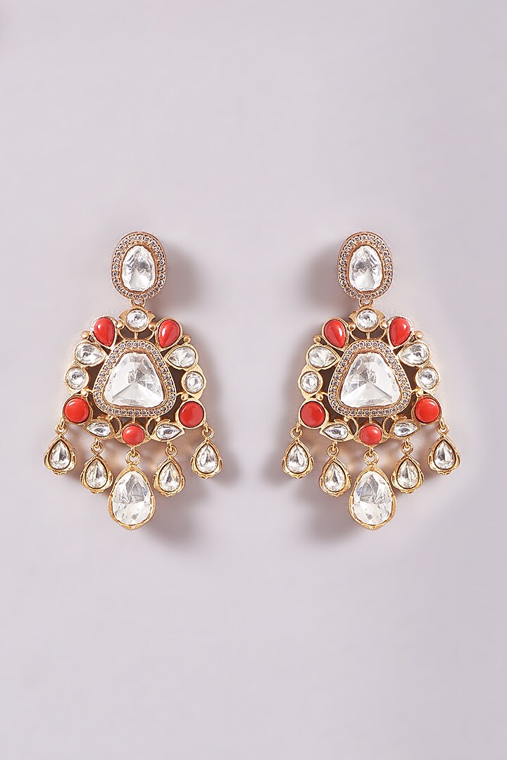Gold Finish Red Kundan Polki & Coral Stone Necklace Set by Zevar By Geeta at Pernia's Pop Up Shop