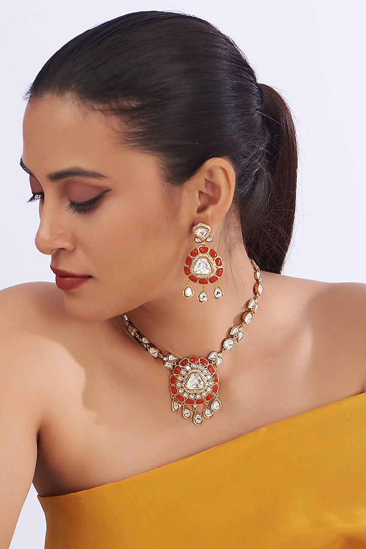 Gold Finish Kundan Polki & Coral Stone Necklace Set by Zevar By Geeta at Pernia's Pop Up Shop