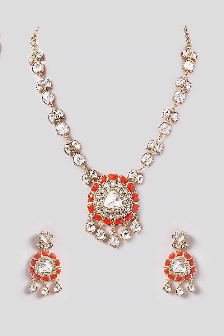 Gold Finish Kundan Polki & Coral Stone Necklace Set by Zevar By Geeta at Pernia's Pop Up Shop
