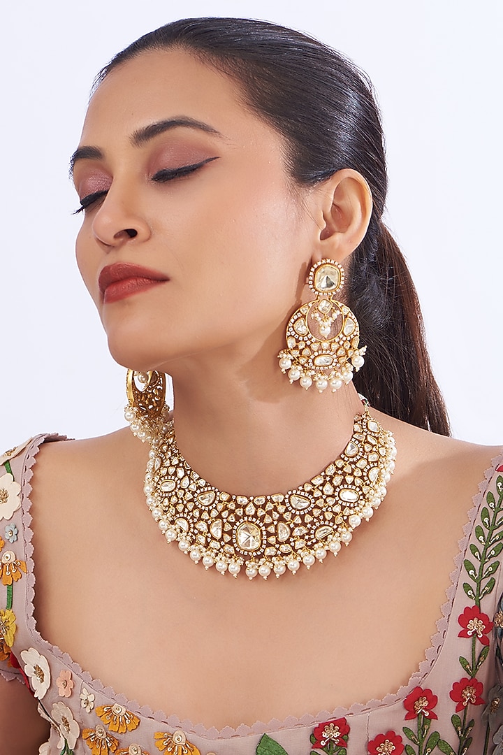 Gold Finish Kundan Polki & Pearl Necklace Set by Zevar By Geeta at Pernia's Pop Up Shop