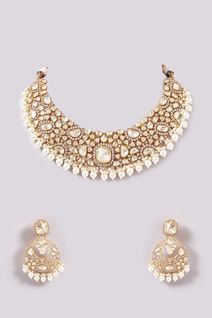 Gold Finish Kundan Polki & Pearl Necklace Set by Zevar By Geeta at Pernia's Pop Up Shop