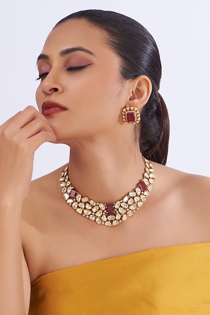 Gold Plated Kundan Polki & Ruby Necklace Set by Zevar By Geeta at Pernia's Pop Up Shop
