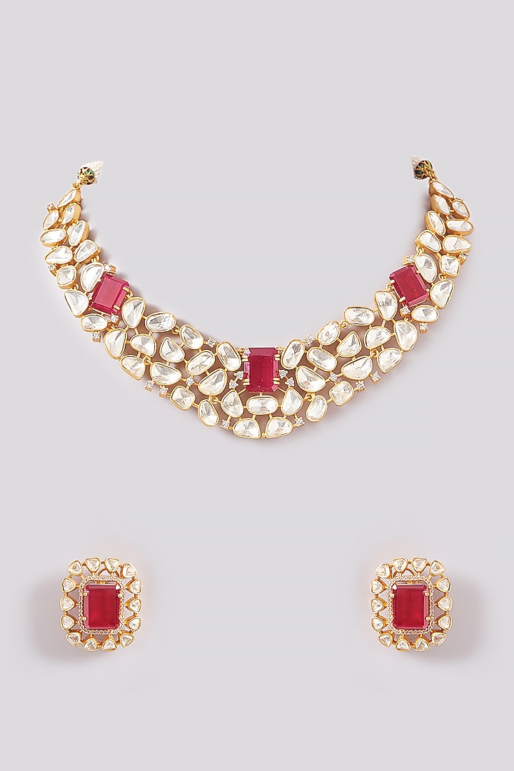 Gold Plated Kundan Polki & Ruby Necklace Set by Zevar By Geeta at Pernia's Pop Up Shop