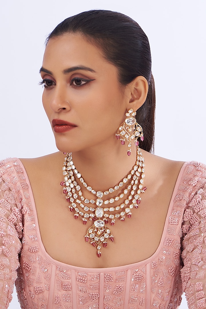 Gold Finish Kundan Polki & Pink Pearl Layered Necklace Set by Zevar By Geeta at Pernia's Pop Up Shop