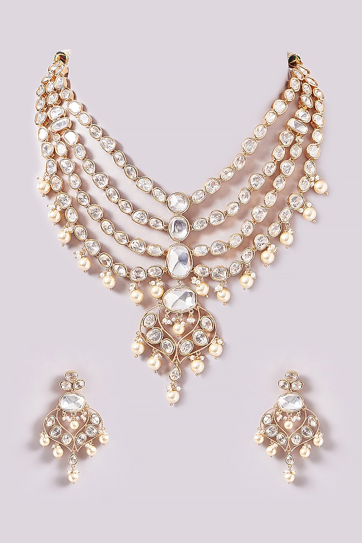 Gold Finish Kundan Polki Layered Necklace Set by Zevar By Geeta at Pernia's Pop Up Shop