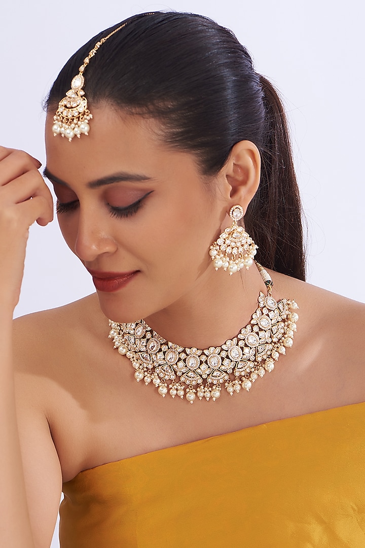 Gold Plated Kundan Polki Necklace Set by Zevar By Geeta at Pernia's Pop Up Shop
