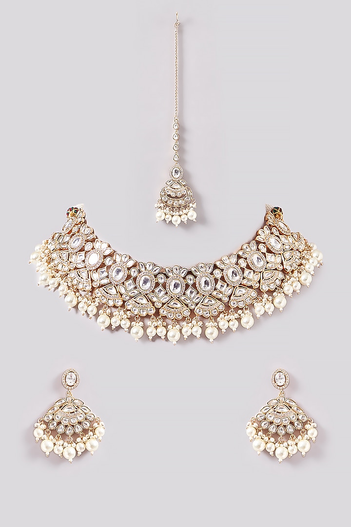 Gold Plated Kundan Polki Necklace Set by Zevar By Geeta at Pernia's Pop Up Shop