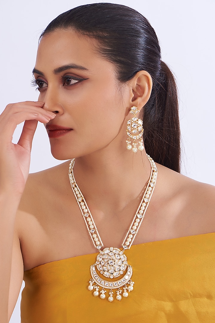 Gold Plated Kundan Polki Long Necklace Set by Zevar By Geeta at Pernia's Pop Up Shop