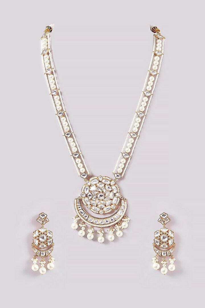 Gold Plated Kundan Polki Long Necklace Set by Zevar By Geeta at Pernia's Pop Up Shop