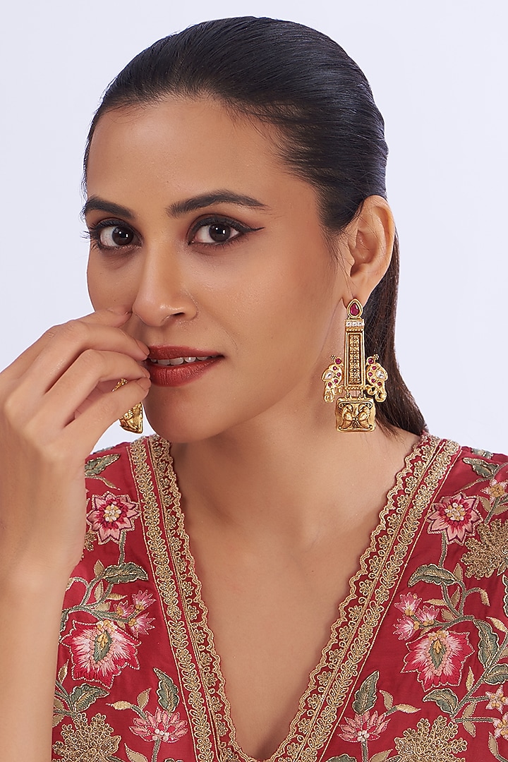 Gold Finish Kundan Polki Temple Dangler Earrings by Zevar By Geeta at Pernia's Pop Up Shop