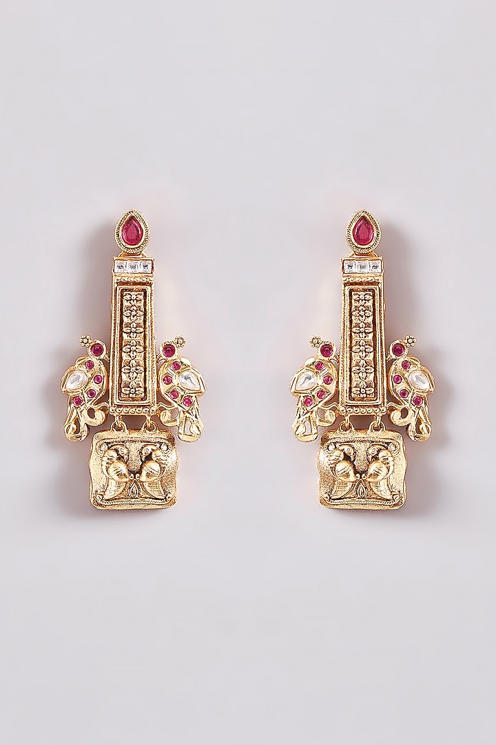 Gold Finish Kundan Polki Temple Dangler Earrings by Zevar By Geeta at Pernia's Pop Up Shop