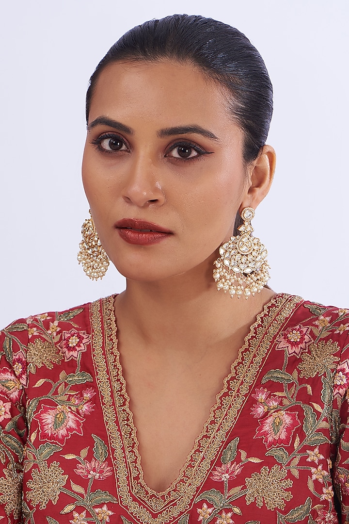 Gold Finish Kundan Polki & Pearl Dangler Earrings by Zevar By Geeta at Pernia's Pop Up Shop