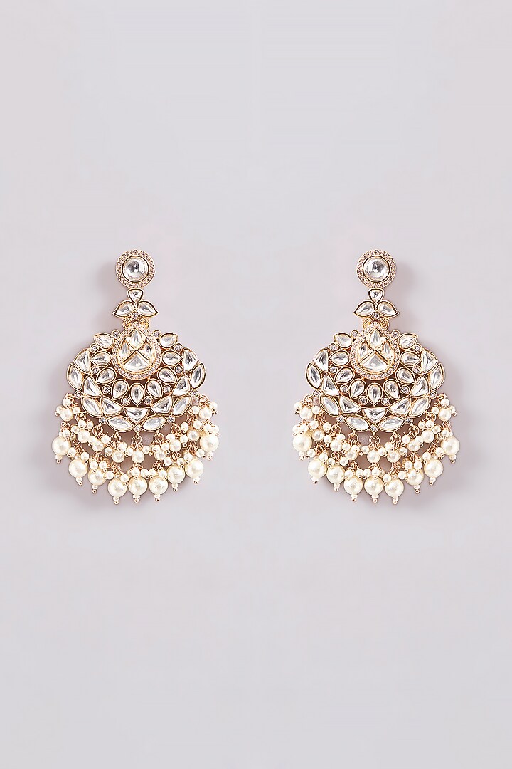 Gold Finish Kundan Polki & Pearl Dangler Earrings by Zevar By Geeta at Pernia's Pop Up Shop