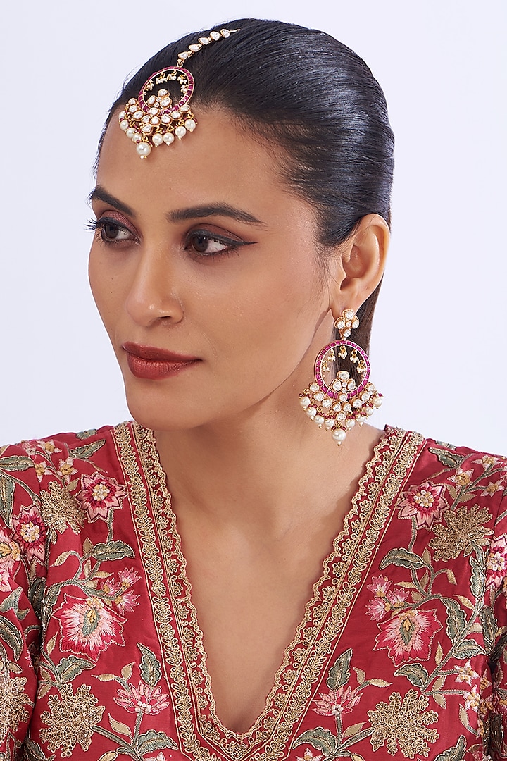 Gold Plated Kundan Polki & Ruby Dangler Earrings With Maangtikka by Zevar By Geeta at Pernia's Pop Up Shop