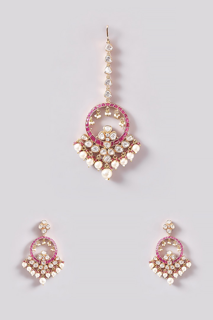 Gold Plated Kundan Polki & Ruby Dangler Earrings With Maangtikka by Zevar By Geeta at Pernia's Pop Up Shop