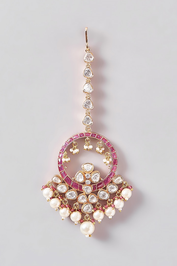 Gold Plated Kundan Polki & Ruby Dangler Earrings With Maangtikka by Zevar By Geeta at Pernia's Pop Up Shop