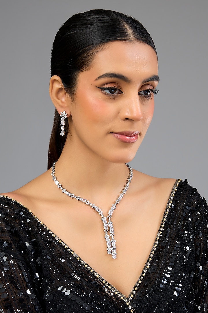 White Finish Diamond Pendant Necklace Set by Zevar by Geeta at Pernia's Pop Up Shop