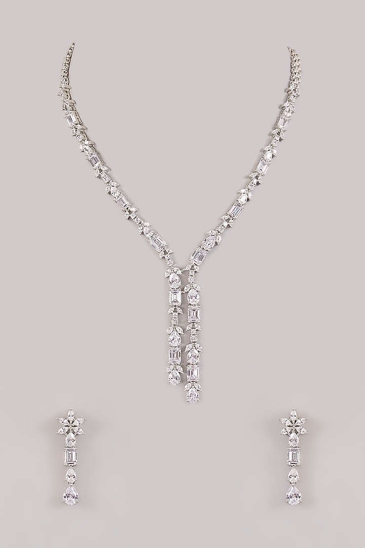 White Finish Diamond Pendant Necklace Set by Zevar by Geeta at Pernia's Pop Up Shop