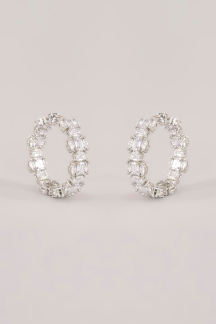 White Finish Diamond Hoop Earrings by Zevar by Geeta at Pernia's Pop Up Shop