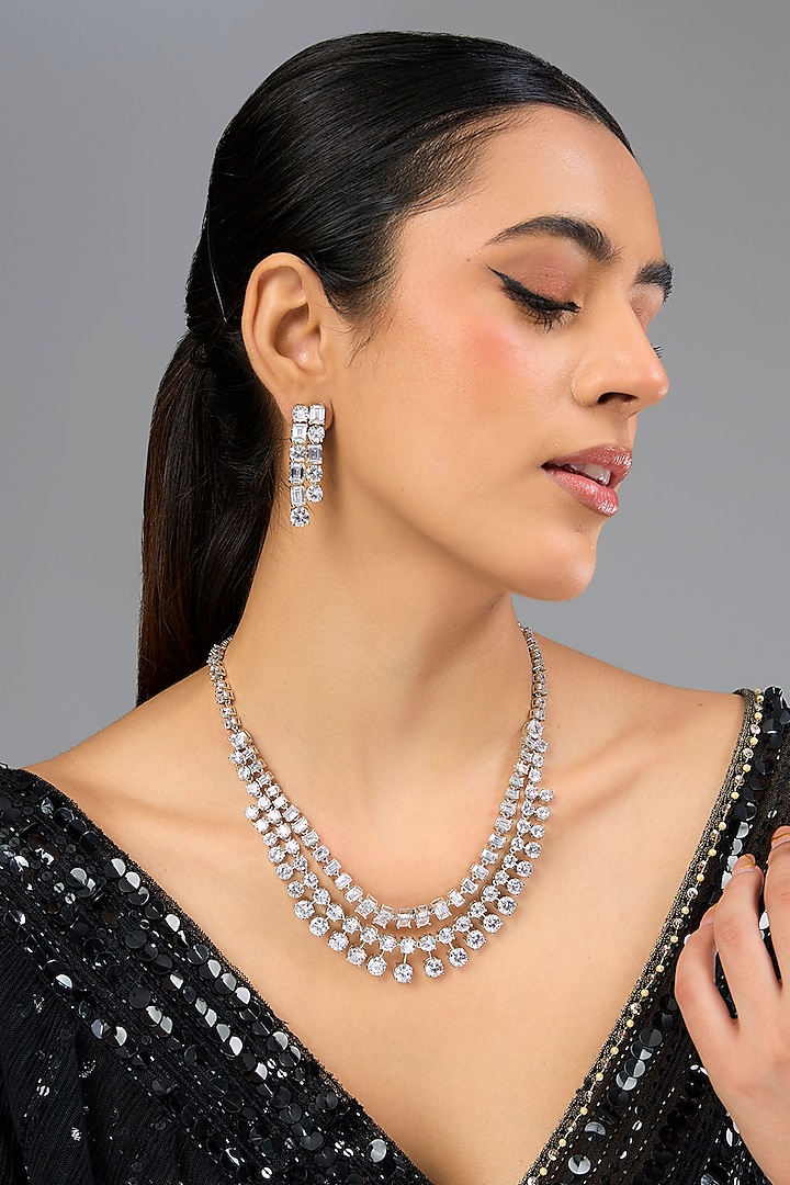 White Finish Diamond Layered Necklace Set by Zevar by Geeta at Pernia's Pop Up Shop