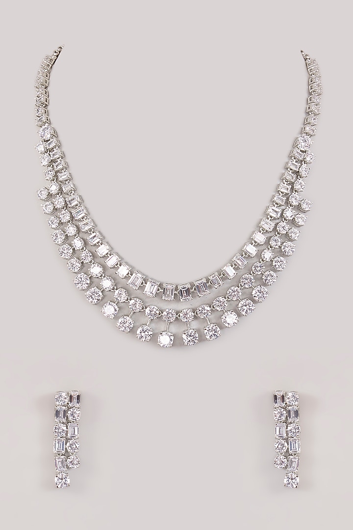 White Finish Diamond Layered Necklace Set by Zevar by Geeta at Pernia's Pop Up Shop