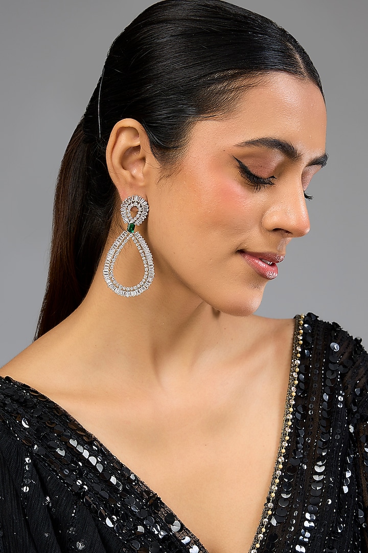 White Finish Diamond Hoop Earrings by Zevar by Geeta at Pernia's Pop Up Shop