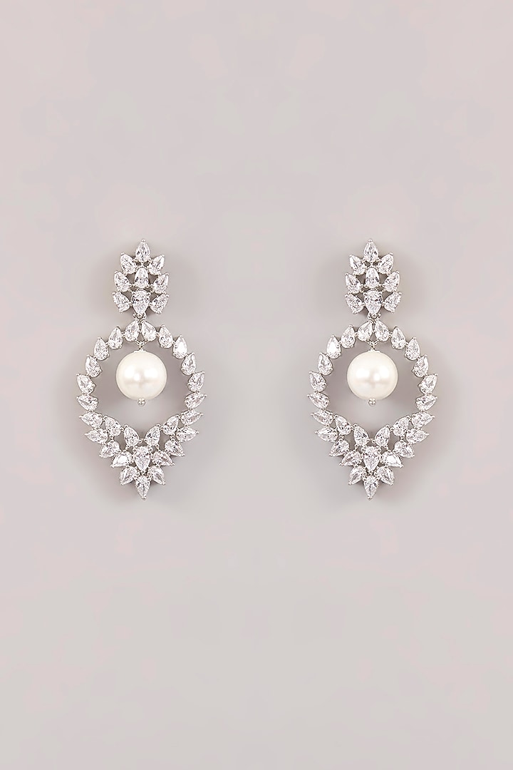 White Finish Diamond & Pearl Drop Hoop Earrings by Zevar by Geeta at Pernia's Pop Up Shop