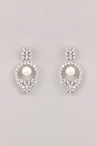 White Finish Diamond & Pearl Drop Hoop Earrings by Zevar by Geeta