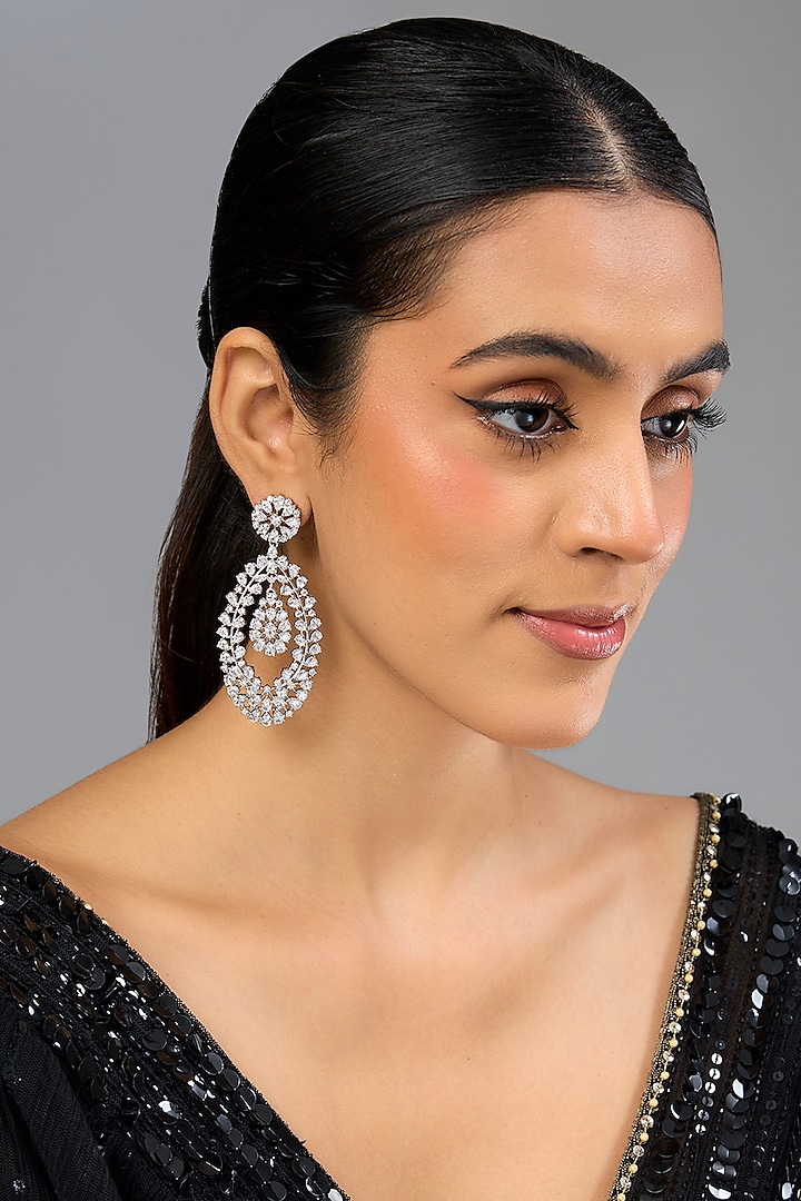 White Finish Diamond Dangler Earrings by Zevar by Geeta at Pernia's Pop Up Shop