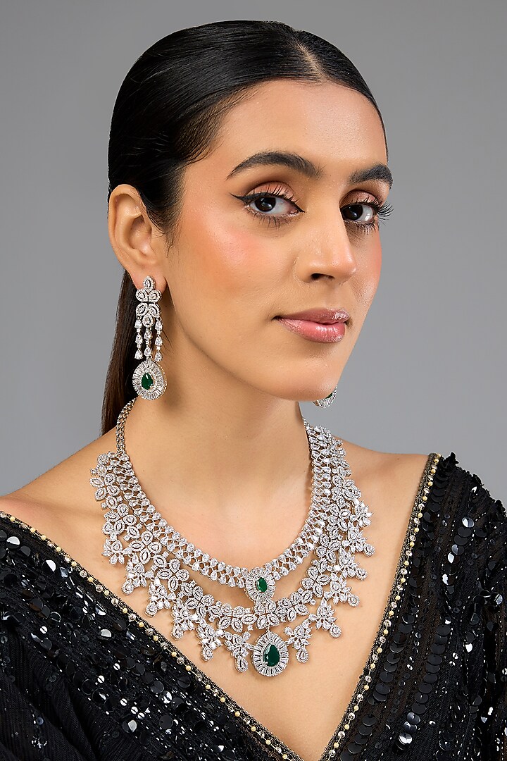 White Finish Diamond & Green Stone Long Necklace Set by Zevar by Geeta at Pernia's Pop Up Shop