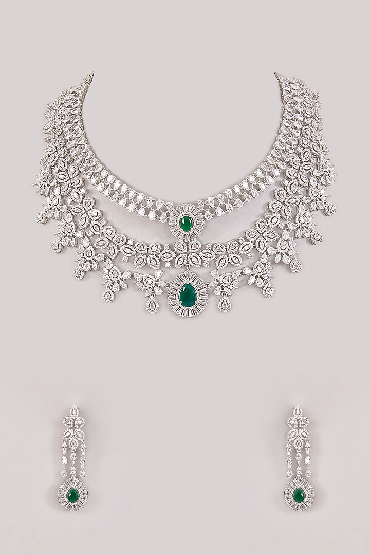 White Finish Diamond & Green Stone Long Necklace Set by Zevar by Geeta at Pernia's Pop Up Shop