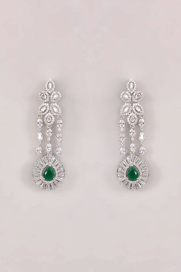 White Finish Diamond & Green Stone Long Necklace Set by Zevar by Geeta at Pernia's Pop Up Shop