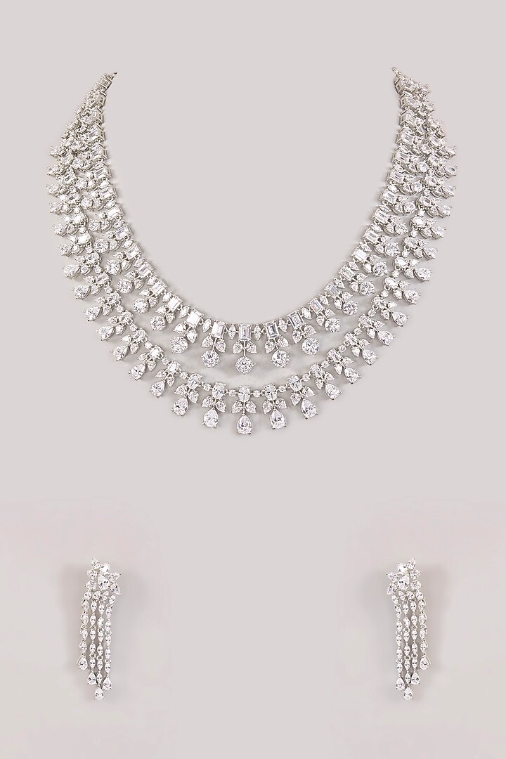 White Finish Diamond Layered Necklace Set by Zevar by Geeta at Pernia's Pop Up Shop